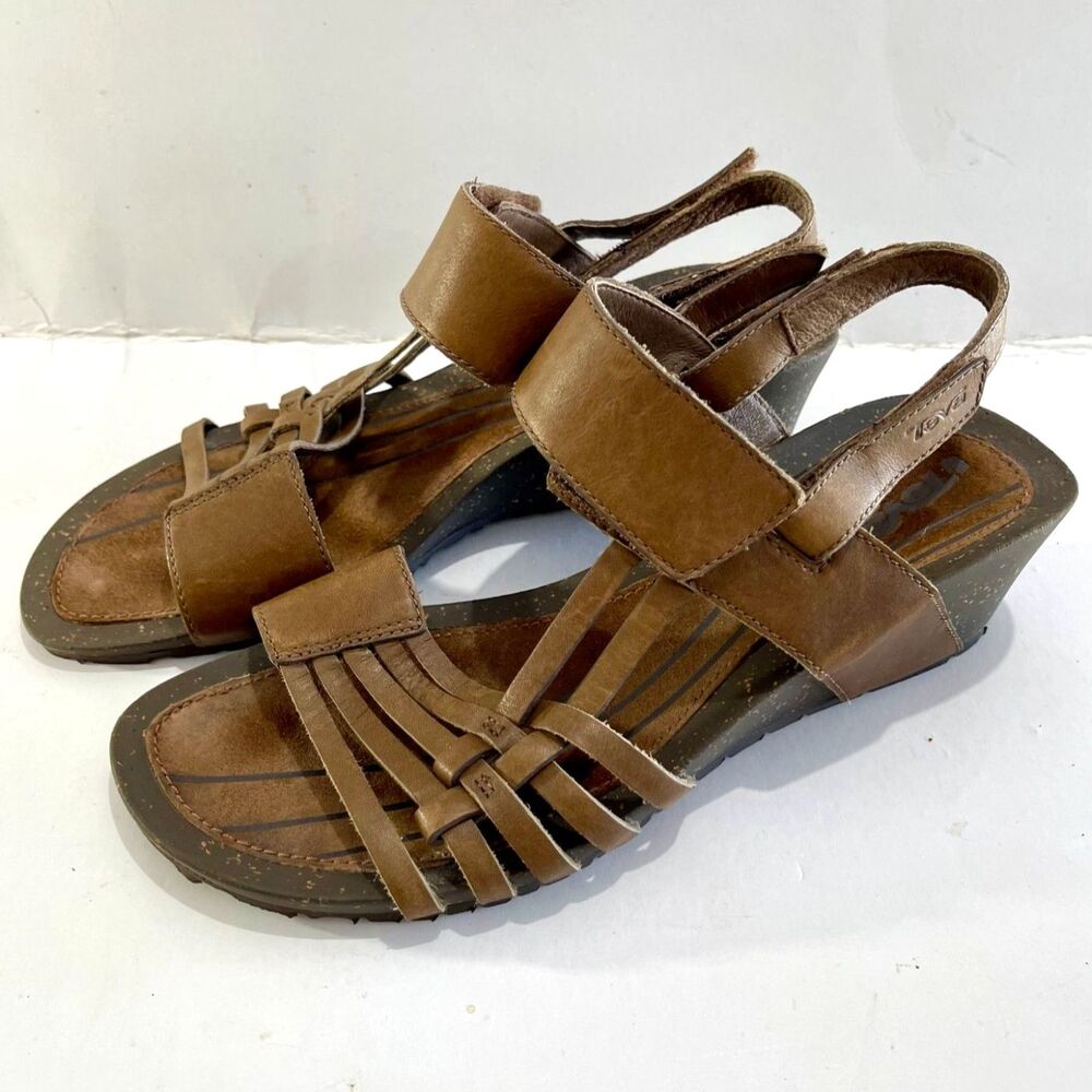 Teva comfort sandals strappy brown wedge summer women 10